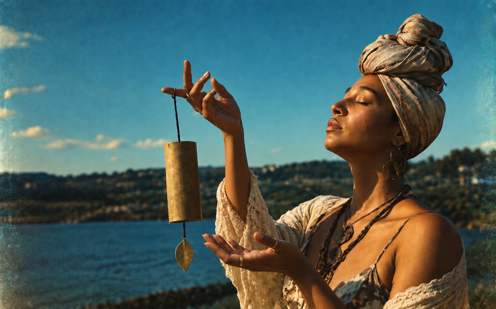 Sí by the water in a head wrap, eyes closed, holding a hanging sound instrument